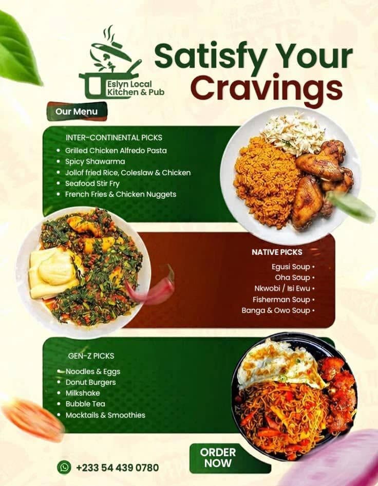“Satisfy your cravings” menu flyer