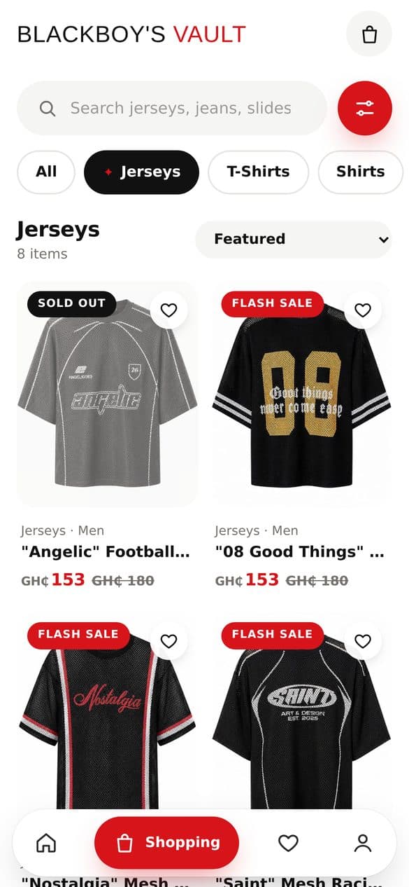 Shop screen with search, filters and product grid