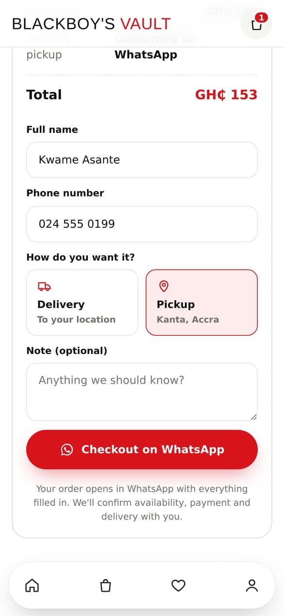 Checkout screen that sends the order on WhatsApp
