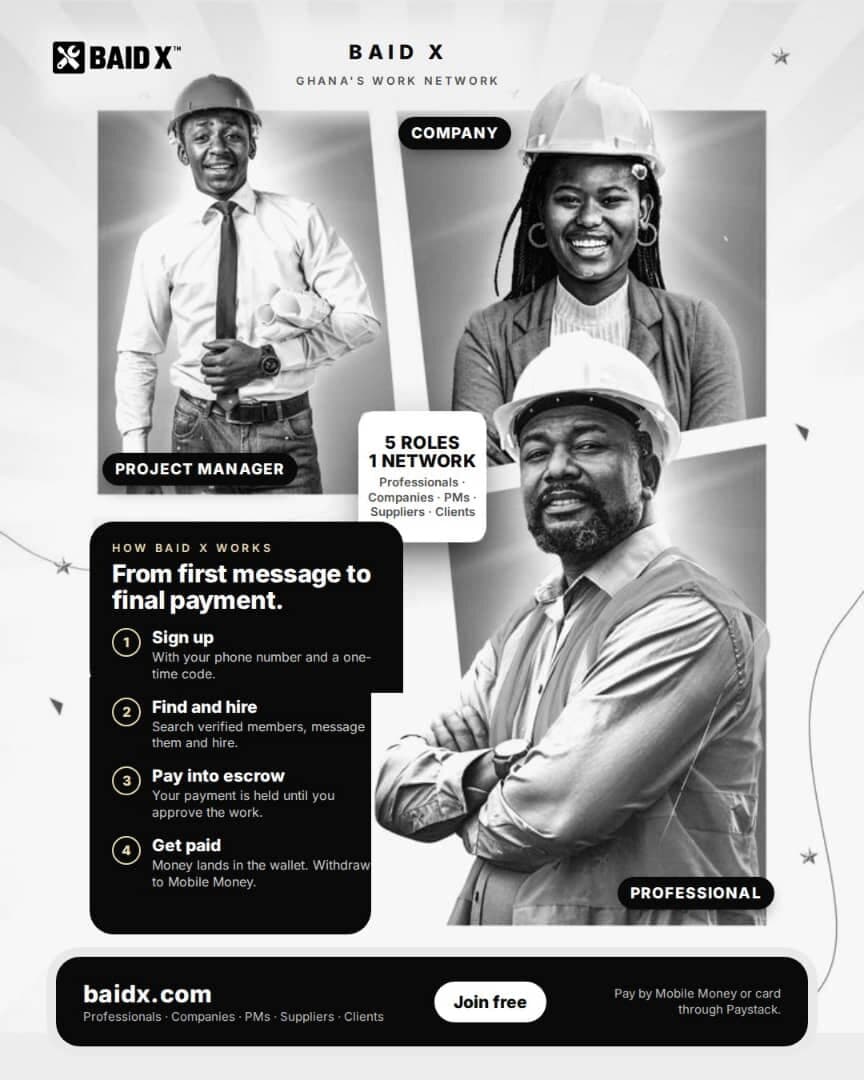 BAID X launch artwork showing a project manager, a company representative and a professional, with the four steps from sign-up to payment