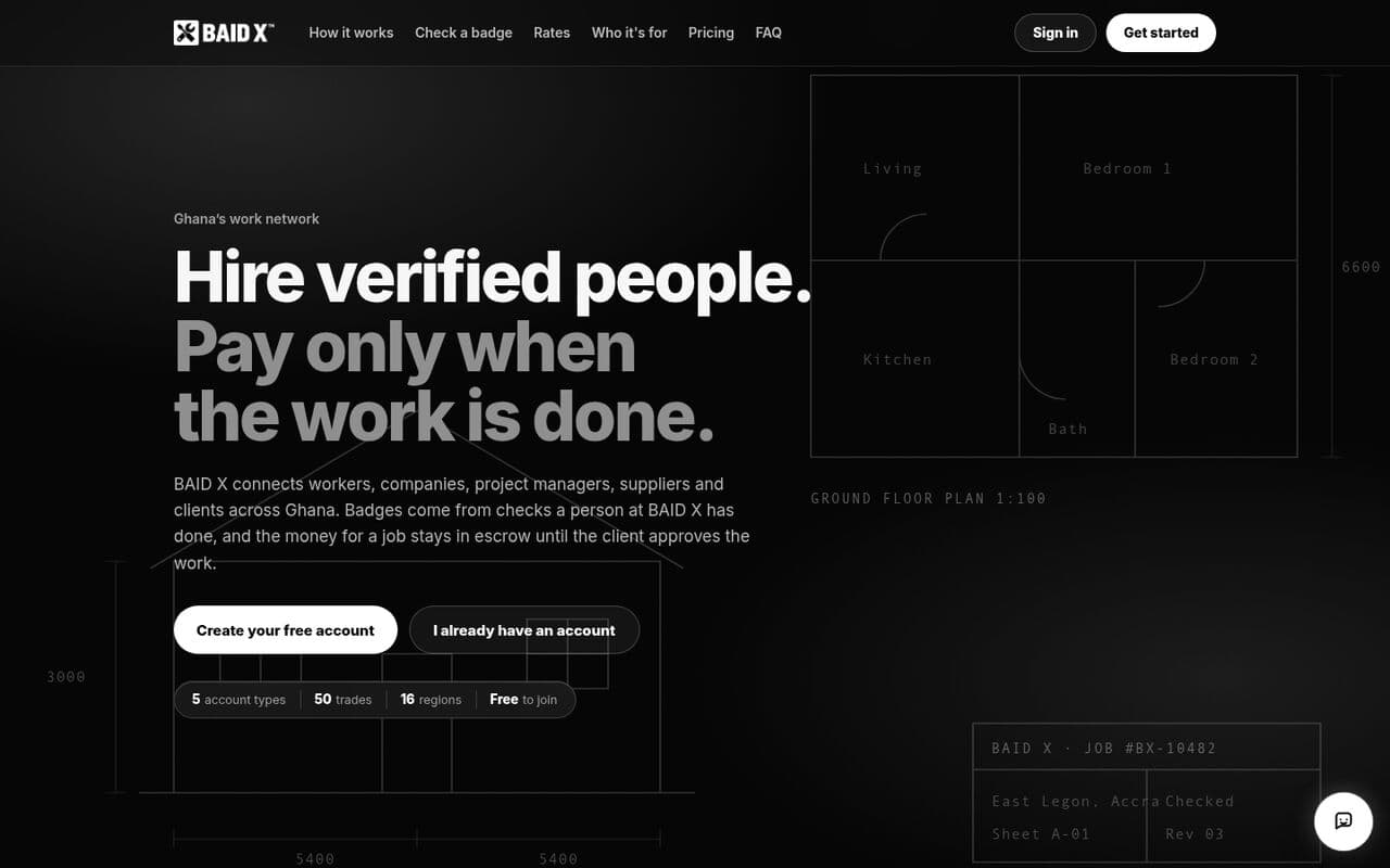 BAID X homepage: “Hire verified people. Pay only when the work is done.” over an architectural floor-plan drawing