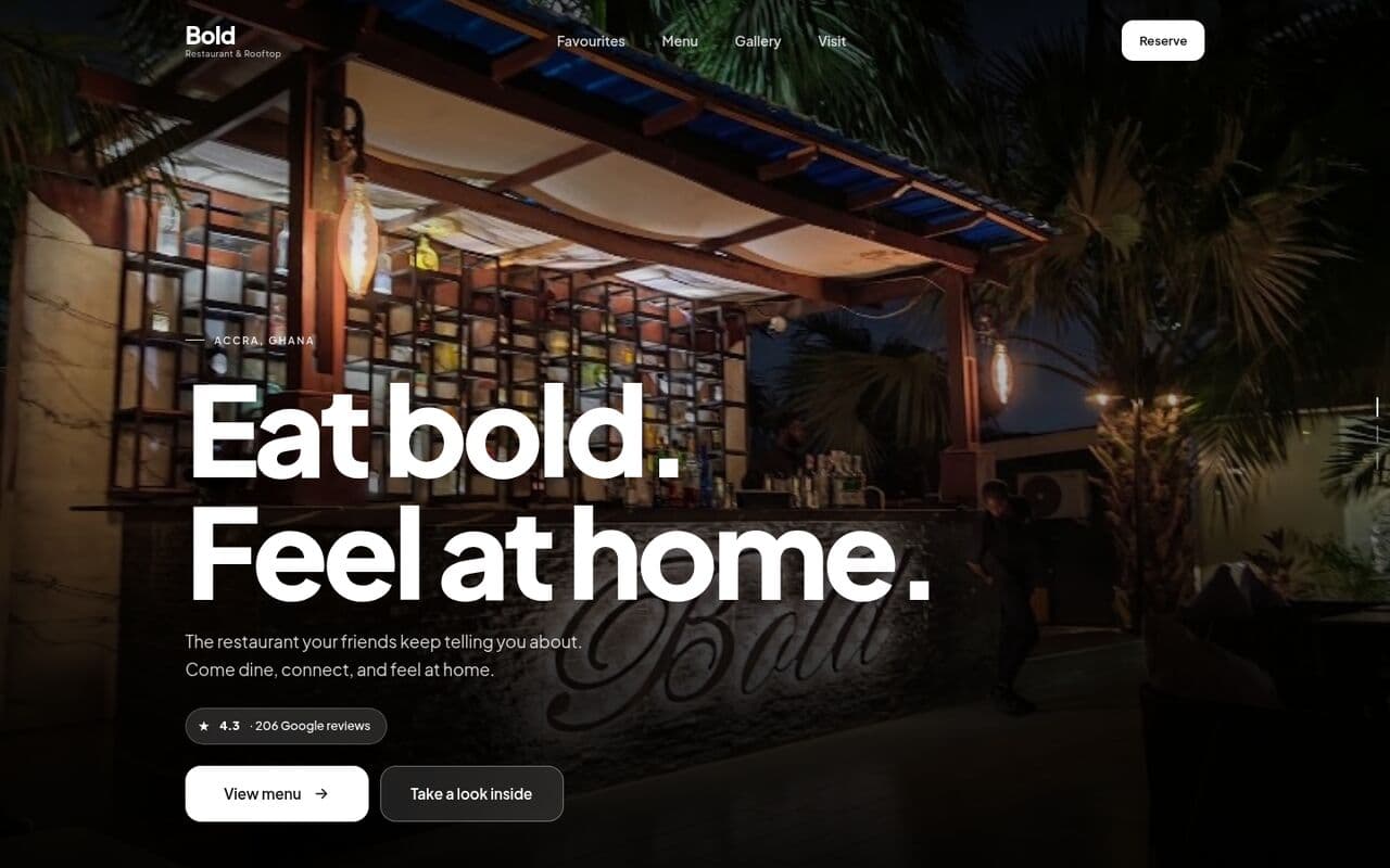Bold Restaurant homepage: “Eat bold. Feel at home.” over a night-time photo of the rooftop