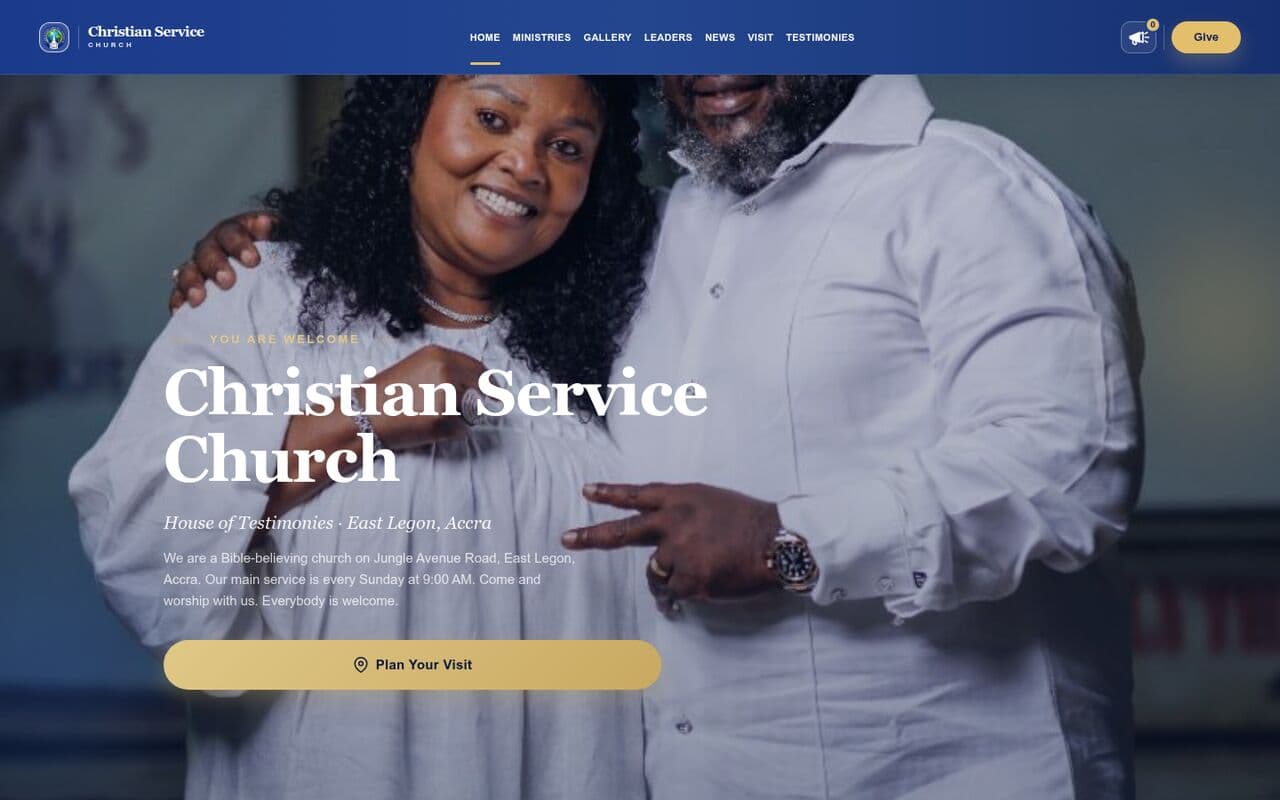 Christian Service Church homepage with the pastors and a “Plan your visit” call to action