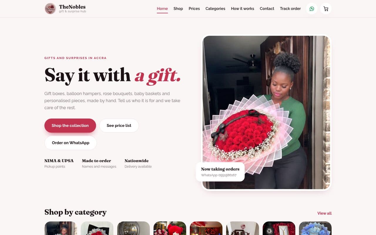 TheNobles gift shop homepage: “Say it with a gift.” beside a photo of a rose bouquet