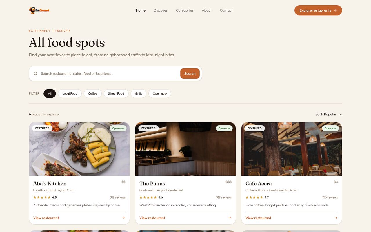 EatConnect Ghana website: homepage preview