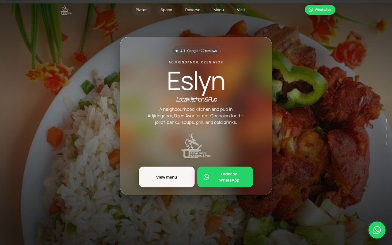 Eslyn Local Kitchen and Pub website: homepage preview